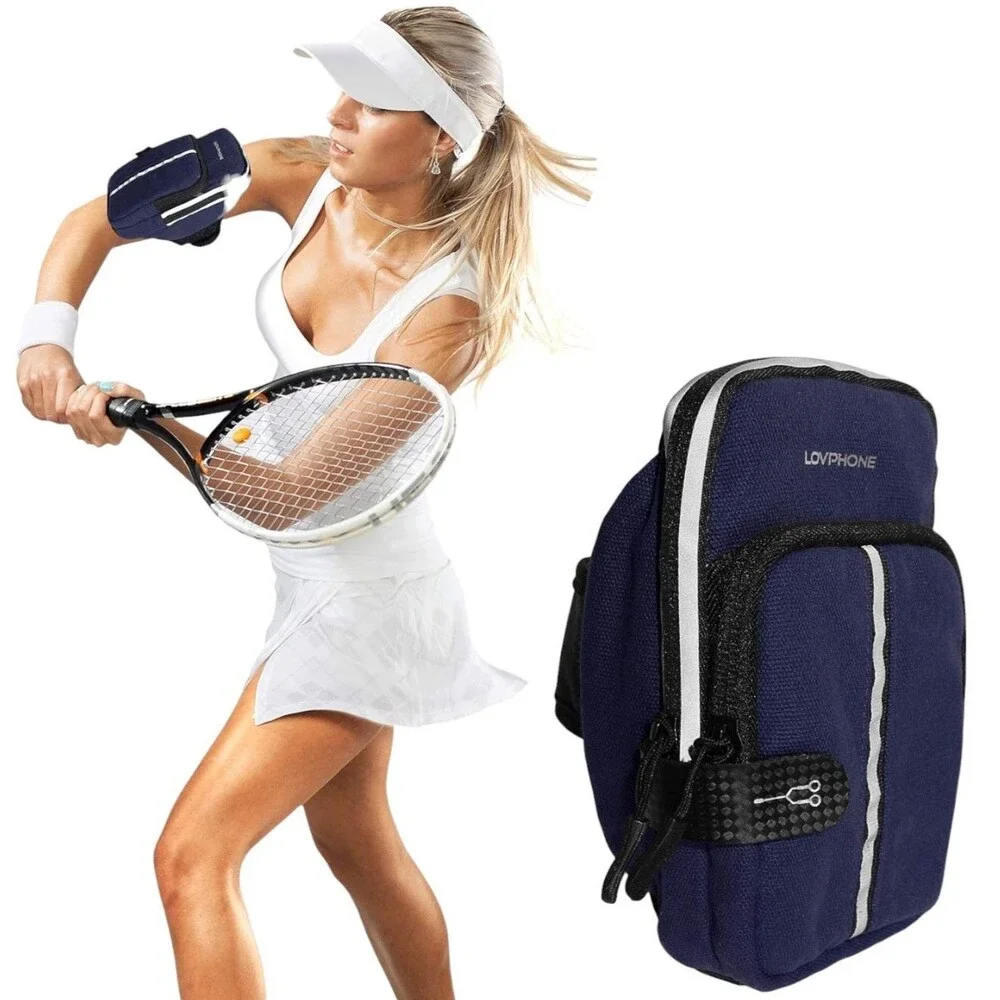 Sport Running Armband w/Double Pocket & Hook Design Water Resistance Size S Navy